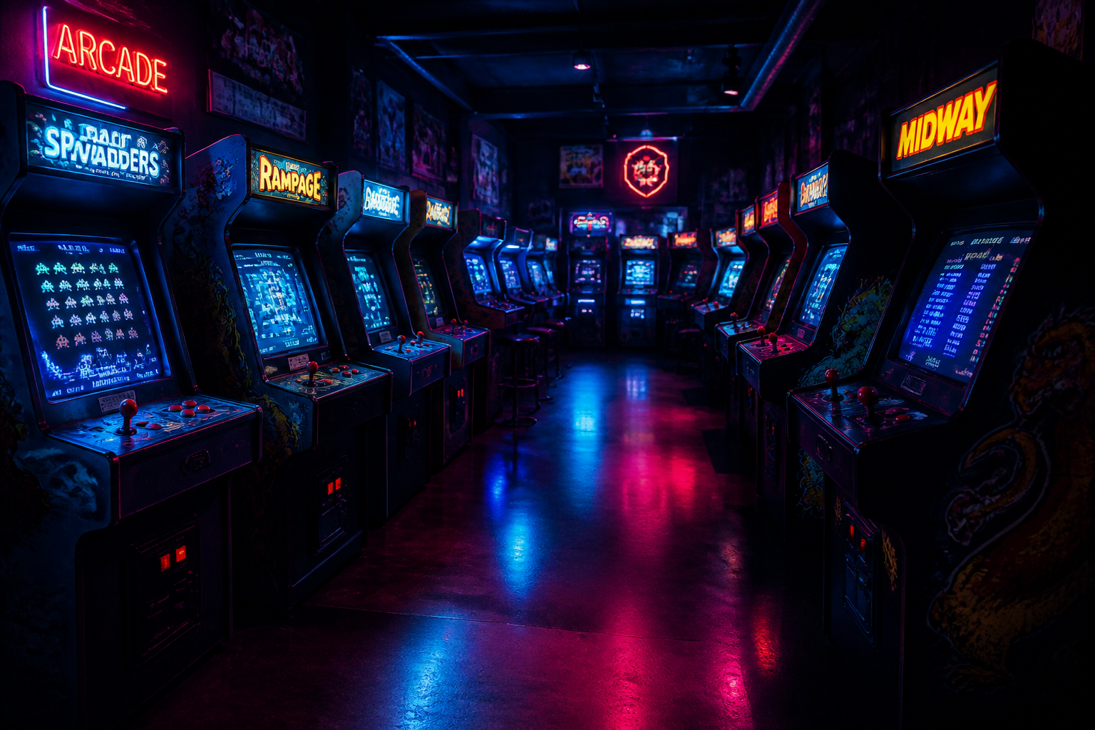 Rows of glowing neon arcade cabinets in a dark room